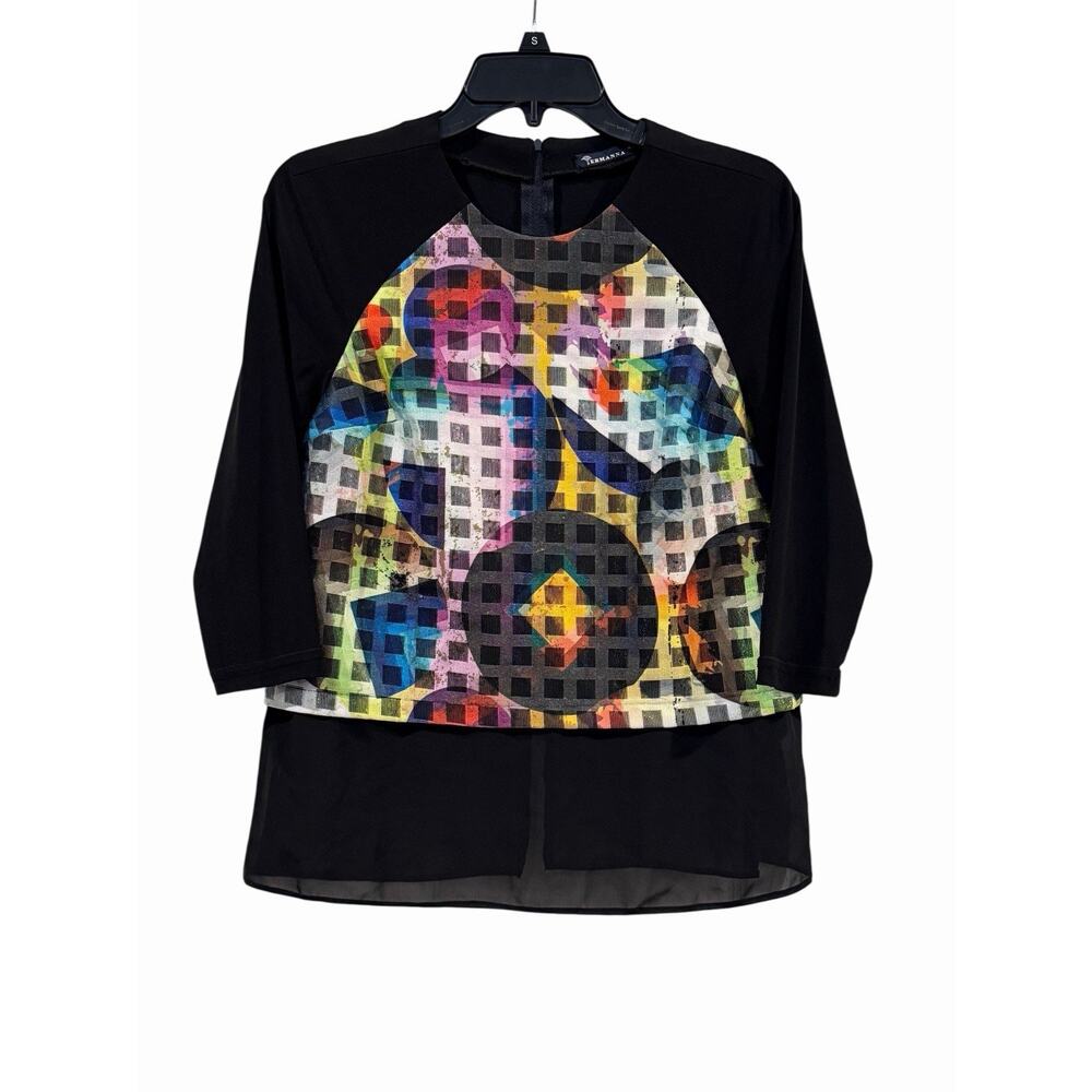 Ermanna Black Top W/ Multicolor Geometric Panel Women’s Size 42 Art To Wear